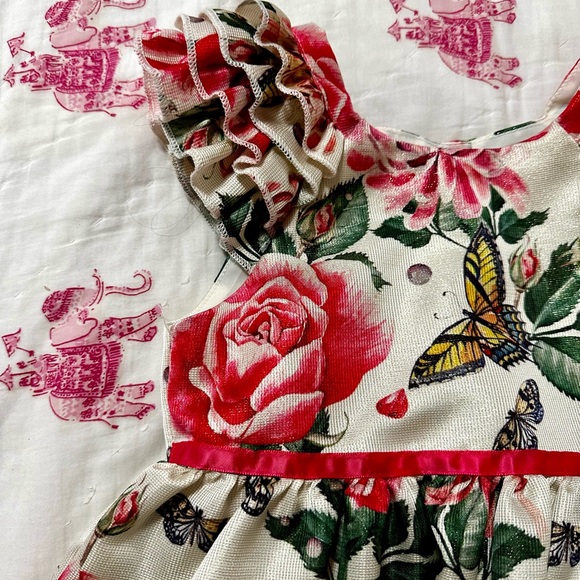 EUC Pippa & Julie cream sleeveless dress with pink roses, yellow butterflies. 5T - Picture 8 of 9